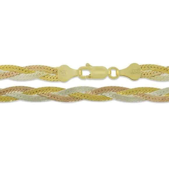 Fine Italian 18k 925 Tri-Color Herringbone Braided Necklace - Picture 7 of 8